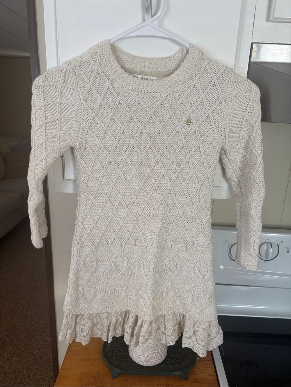 Max Studio Cream Knit Lace-Hem Casual Dress